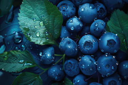Bunch of fresh blueberries with water drops on dark blue backgroundの素材