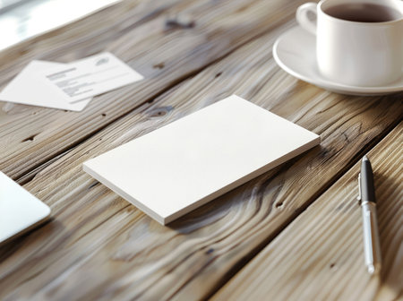 Business card mockup on wooden table with cup of coffee and notepadの素材