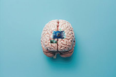 Human brain model with microchip. on blue background. Copy space.の素材