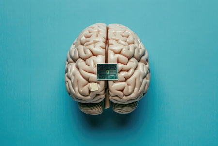Human brain model with microchip on blue background, top view.の素材