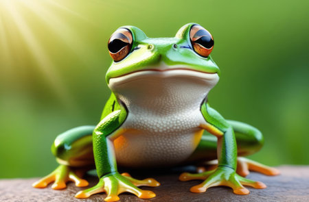 Green tree frog sitting on a wooden table and looking at the cameraの素材
