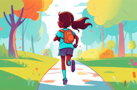Little girl running in the park. illustration in cartoon style.の素材