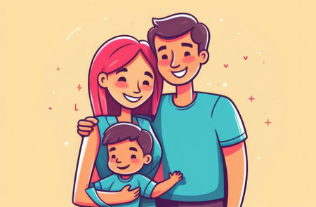 Happy family. Father, mother and son. illustration in cartoon styleの素材