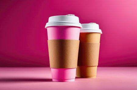 Two paper coffee cups on a pink background.の素材