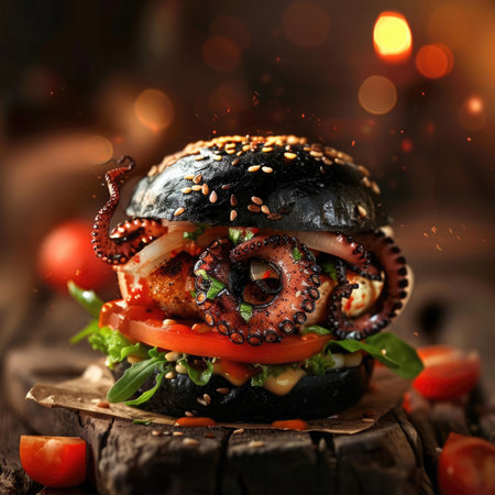 Hamburger with fresh vegetables and sesame seeds on wooden backgroundの素材