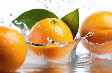 Fresh tangerines with water splash on white background, closeupの素材
