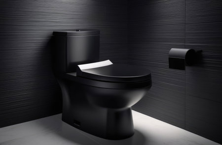 Black toilet bowl in modern bathroom with black tiles. 3d renderingの素材