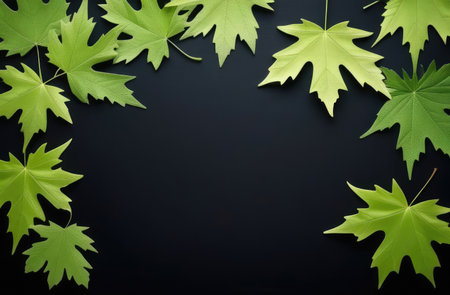 Green maple leaves on black background. Flat lay, top view.の素材