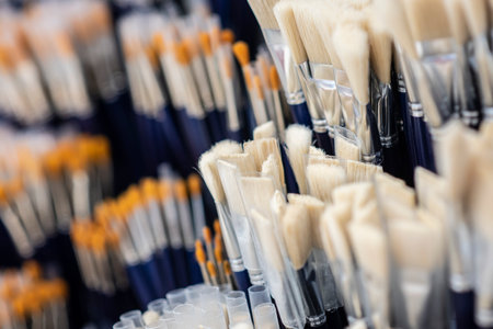 Paint brushes on a shelf in a paint store, close-upの写真素材