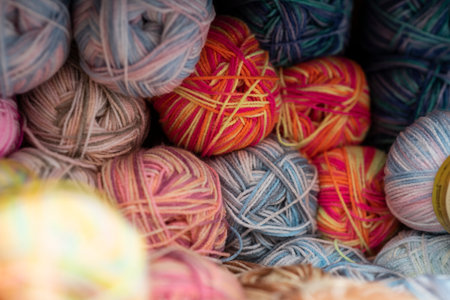 colorful wool yarn for knitting in the market, close up.