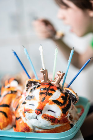 Closeup of a birthday cake with a tiger face and candles.の写真素材