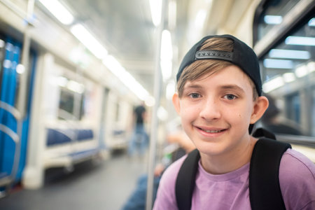 smiling 12 year old boy with backpack in train carriage, subway, metroの写真素材