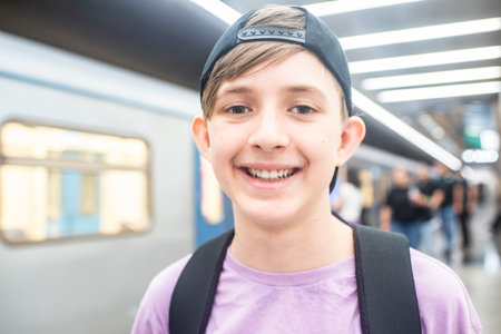 portrait of a 12 year old boy in a black cap, on a subway platform next to a train
