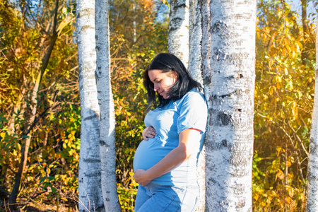 Pregnant woman in the birch forest on a sunny autumn day