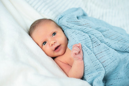 Newborn baby wrapped in a blue blanket on a white background.の写真素材