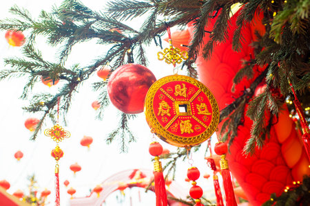 red decorations on a tree, celebrating the Chinese New Year according to the lunar calendarの写真素材