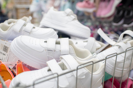 white sneakers in a metal basket in a storeの写真素材