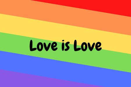 Love is love illustration on colorful rainbow flag or pride flag / banner of LGBTQ (Lesbian, gay, bisexual, transgender & Queer) organization. Pride month parades are celebrated in Juneの写真素材