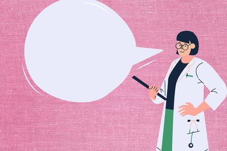 Illustration of female Health care worker showing guidelines to be followed during Corona Virus (Covid-19) disease pandemic on a pink background. Empty copy space for writing text. Concept WHO Adviceの写真素材