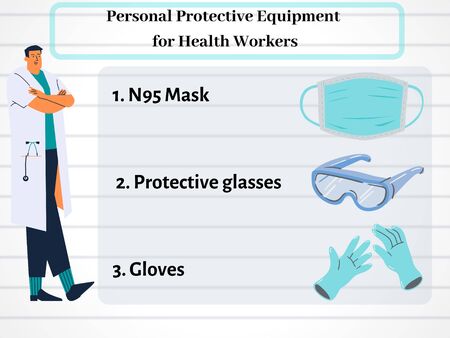 Ingographic to show the PPE. Personal protective equipment is protective clothing, helmets, goggles, or other garments or equipment designed to protect the wearer's body from injury or infection.の写真素材
