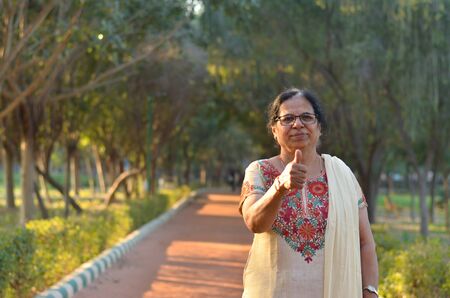 Portrait shot of a happy looking senior north Indian woman wearing traditional chikan kari Indian...