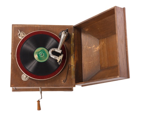 Top view of old wooden gramophone against white backgroundの写真素材