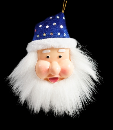 Hanging blue plastic Santa Claus isolated on black color の写真素材