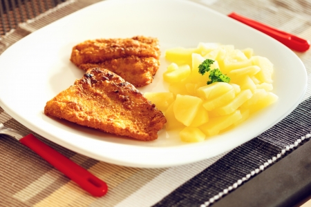 Fish meat with delicious potatoes on white plate.の写真素材