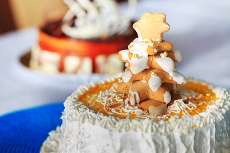 Delicious round cake with biscuits on blue tableclothの写真素材