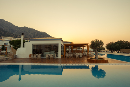 KARDAMENA, KOS/GREECE - August 03, 2015: International cuisine restaurants available for all clients of Mitsis Blue Domes resort: Italian, Asian, Mexican and Greek.のeditorial素材