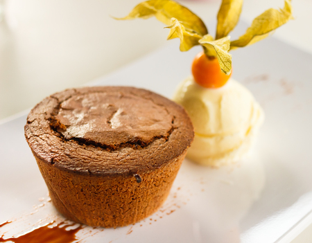 Delicious chocolate mousse with vanilla ice cream on white plateの写真素材