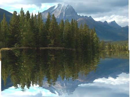High snow capped mountain with tree lined reflective lake shore in foregroundの写真素材