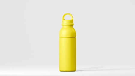 drinking bottle with modern design, middle yellow tumbler, stand over white backgroundの写真素材