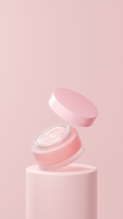 isolated floating pot cream in soft pink color, floating pot cream on a tube podium, floating pot cream with open lidの写真素材