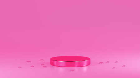 isolated bubble gum colored glossy podium placed on bubble gum colored background with water drops around itの写真素材