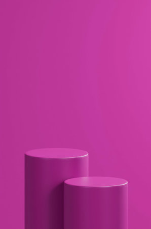 vertical fuchsia background, double fuchsia rounded tubes podium, fuchsia color palette, product placementの写真素材