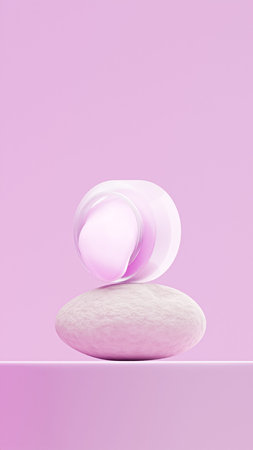 Transparent cream jar filled with lavender rose cream melting out, placed on a round stone. Cosmetic cream product over lavender rose backgroundの写真素材