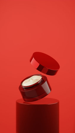 A Bright Red clear cosmetic jar filled with a stunning, White colored cream floats above a Bright Red podium. Bright Red finishの写真素材