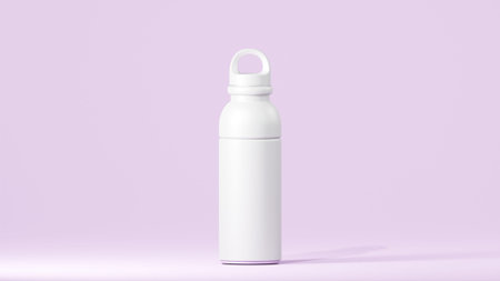 drinking bottle with modern design, white tumbler with white lid, stand over lavender backgroundの写真素材