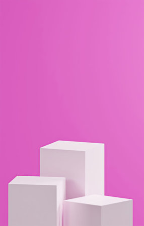 vertical fuchsia background, triple White cube podiums, fuchsia background color palette, 3d rendering product placementの写真素材