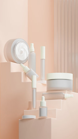 Clear matte White cosmetic set with White liquid cream inside.  Arranged on a stair Frosted Peach colored ladder shaped base. Matte White lidの写真素材