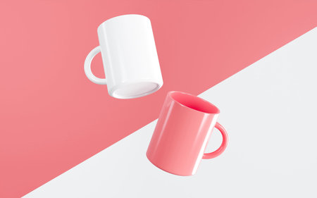 floating bright pink mug and floating white mugの写真素材