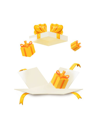 gift box with yellow ribbon opened on white backgroundの写真素材