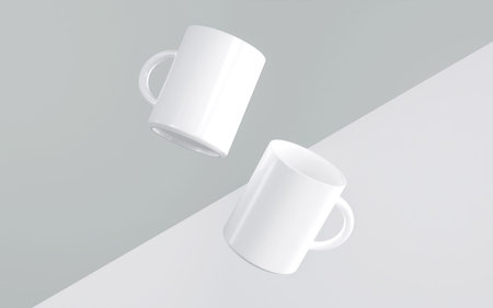 double white mug, floating mug with diagonal backgroundの写真素材