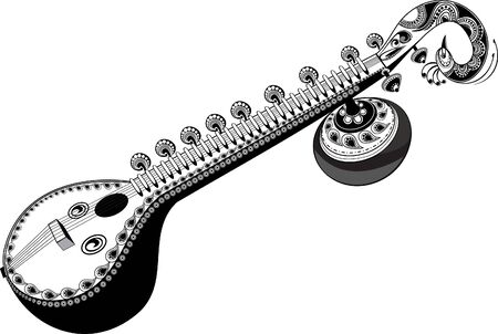 Artistic line drawing of Indian Classical Music Instrument Sitar with fine design peacock head illustration - Vectorのイラスト素材