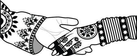 Wedding Indian invitation card isolated on white. India marriage template.Beautifully decorated Indian bride hand.Close-up of groom holding brides hand.Indian bride with Mehandi in hand in vector.のイラスト素材
