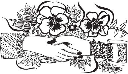 Wedding Indian invitation card isolated on white. India marriage template.Beautifully decorated Indian bride hand.Close-up of groom holding brides hand.Indian bride with Mehandi in hand in vector.のイラスト素材