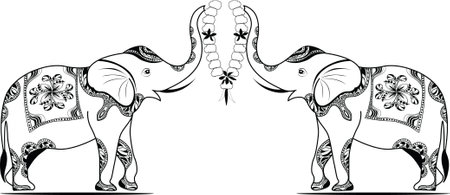 Elephants.Vector illustration ready for vinyl cutting. Indian wedding symbols and clip art of elephants with garland to welcome.のイラスト素材