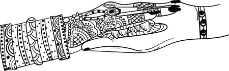 Indian wedding clip art of hathleva, an Indian wedding traditional program. Indian wedding symbol of bride and groom hands black and white clip art line drawing illustration.のイラスト素材