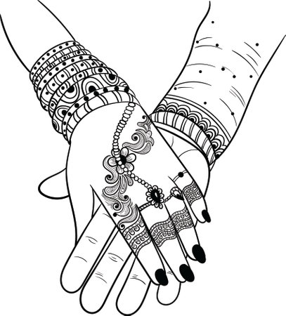 Indian wedding clip art of hathleva, an Indian wedding traditional program. Indian wedding symbol of bride and groom hands black and white clip art line drawing illustration.のイラスト素材